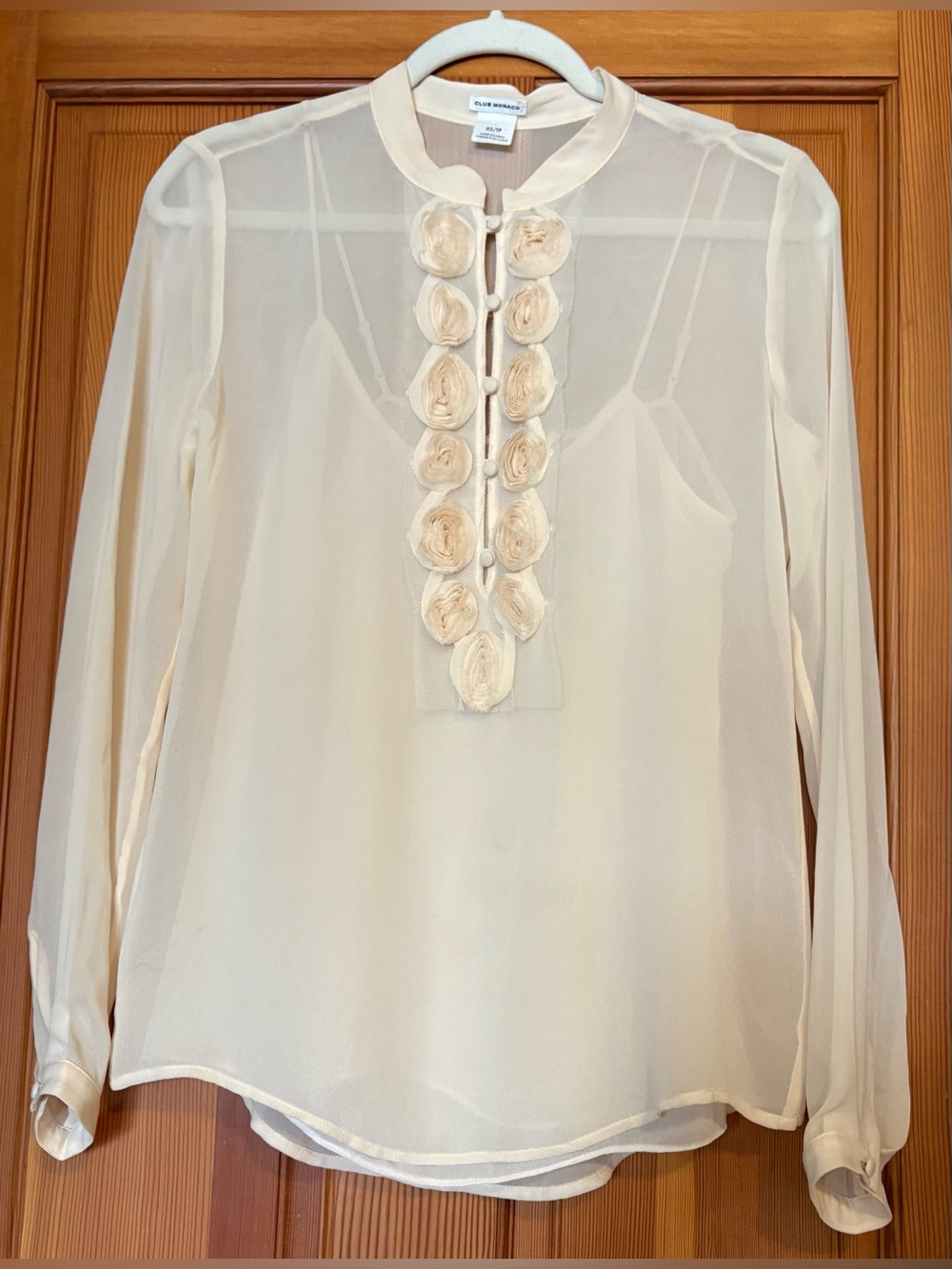 Club Monaco NWT Sheer Cream Silk Blouse - Distinctive Mesh Placket w 3D Rosettes - Picture 9 of 12